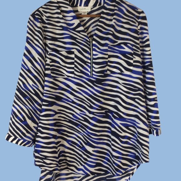 Blue, Black & White Zebra Print Blouse by Jacklyn Smith Size L Pre-Owned - Picture 1 of 8